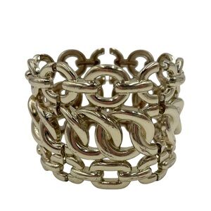 Vintage Gold Tone Triple Chain Link Wide Cuff Bracelet Stretch Statement Chunky
